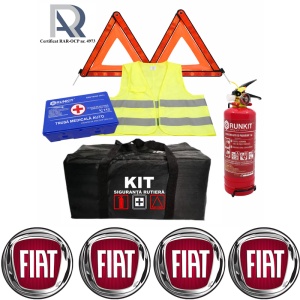 Kit Trusa siguranta rutiera auto, Omologat R.A.R, Valabilitate 5 ani, 1x Stingator cu manometru 1kg P1, 1x Trusa Medicala, 2x Triunghiuri,1x Geanta depozitare neagra, 4x Stickere auto Fiat