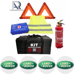 Kit Trusa siguranta rutiera auto, Omologat R.A.R, Valabilitate 5 ani, 1x Stingator cu manometru 1kg P1, 1x Trusa Medicala, 2x Triunghiuri,1x Geanta depozitare neagra, 4x Stickere auto Land Rover