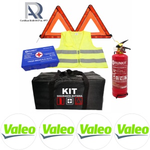 Kit Trusa siguranta rutiera auto, Omologat R.A.R, Valabilitate 5 ani, 1x Stingator cu manometru 1kg P1, 1x Trusa Medicala, 2x Triunghiuri,1x Geanta depozitare neagra, 4x Stickere auto Valeo