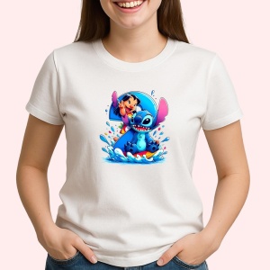 Tricou Alfabet Cifra 2 cu Lilo si Stitch albastru, veselie mare, Alb, Unisex Dama si Barbat | Copii - Img 2