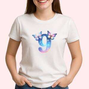 Tricou Alfabet Cifra 9 cu fluturi colorati, stele aurii, flori colorate, Alb, Unisex Dama si Barbat | Copii - Img 2