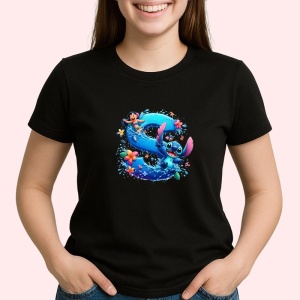 Tricou Alfabet Litera S cu Lilo si Stitch albastru, veselie mare, Mare, Negru, Unisex Dama si Barbat | Copii - Img 2