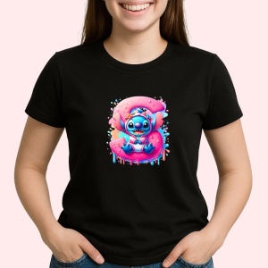 Tricou Alfabet Litera S cu Stitch Roz fericit, explozie de culori, Negru, Unisex Dama si Barbat | Copii - Img 2