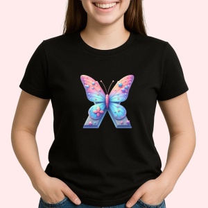 Tricou Alfabet Litera X cu fluturi colorati, stele aurii, flori colorate, Negru, Unisex Dama si Barbat | Copii - Img 2