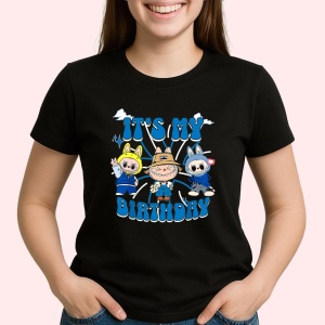 Tricou Labubu birthday albastru, Unisex Dama si Barbat | Copii, Culoare Negru - Img 1