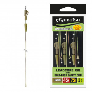 Rig Crap Konger Leadcore Safety Clip 75cm 45Lbs 3buc cu Clip Bolt-Lock Camou