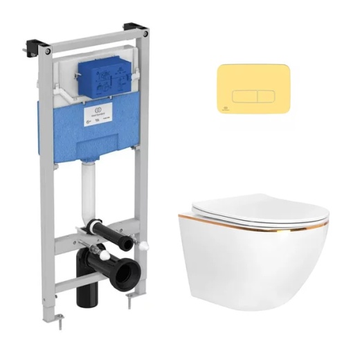 Pachet vas wc suspendat Rea Carlo, capac softclose, rezervor Ideal Standard Ideal Standard ProSys si clapeta Ideal Standard ProSys auriu