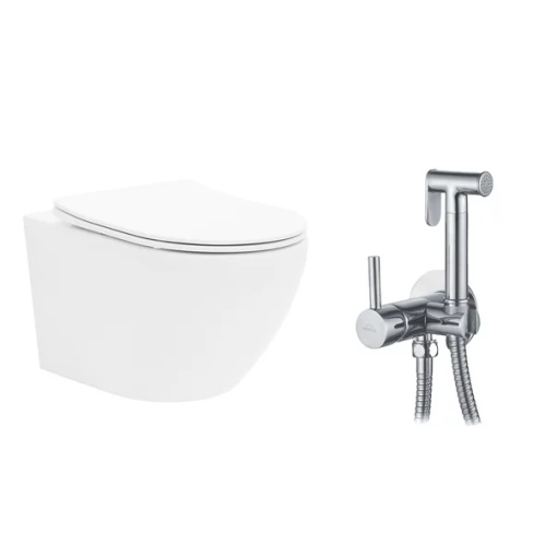 Pachet vas wc suspendat Rea Carlo Mini, capac softclose si set dus igiena intima crom cu baterie incastrata Invena Bidetta