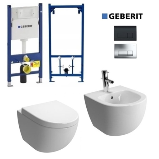 Set Bideu si Vas WC PRO GEBERIT, montaj suspendat, Vas WC VERONA Minerva RIMLESS + Bideu + Capac Soft-Close Inclus STANDARD + Cadru + Clapeta