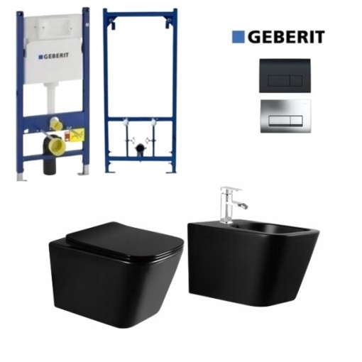 Set GEBERIT Bideu si Vas WC IMPERIA RIMLESS+Capac Soft-Close Inclus SLIM PREMIUM+Cadru+Clapeta, Ceramica sanitara, Negru mat