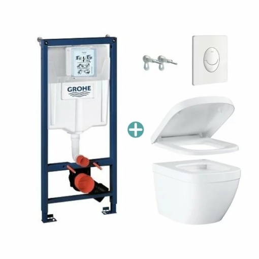 Set rezervor Grohe Rapid SL cu clapeta Skate Air alba si vas wc Grohe Euro Ceramic Compact Triple Vortex capac soft close