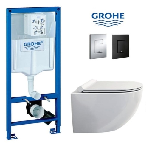 Set Vas WC PRO GROHE, Montaj Suspendat, Ceramica Sanitara, Vas WC VERONA Minerva RIMLESS + Capac Soft-Close SLIM Inclus + Cadru + Clapeta