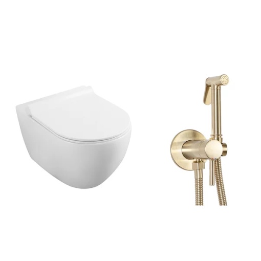 Pachet vas wc suspendat Fluminia, capac softclose si set dus igiena intima auriu cu baterie incastrata Rea Loop