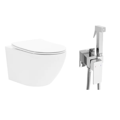 Pachet vas wc suspendat Rea Carlo Mini, capac softclose si set dus igiena intima crom cu baterie incastrata Rea Fenix