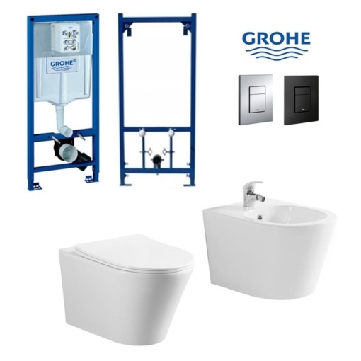 Set Bideu si Vas WC GROHE, montaj suspendat, ceramica sanitara, Vas WC SONATA Clementina RIMLESS +Bideu+Capac Soft-Close SLIM PREMIUM + Cadru+Clapeta