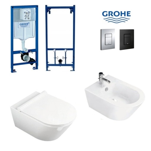 Set Bideu si Vas WC GROHE, montaj suspendat, ceramica sanitara, WC SONET RIMLESS + Bideu + Capac Soft-Close SLIM PREMIUM + Cadru+Clapeta
