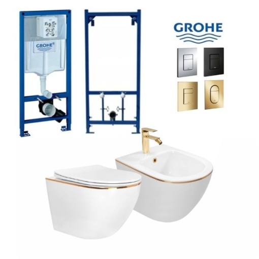 Set Bideu si Vas WC PRO GROHE, Vas WC CARLO Mini Gold Edge Rimless+Bideu +Capac Soft-Close SLIM PREMIUM +Cadru+Clapeta La Alegere, Montaj Suspendat, Ceramica Sanitara