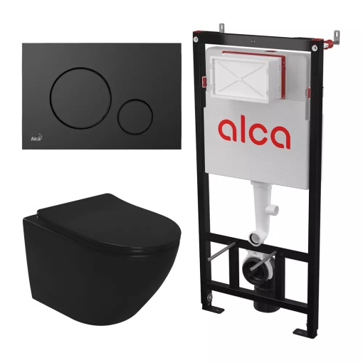 Set rezervor WC cu Cadru incastrat Alcadrain AM101/1120 ,Clapeta M678 Negru Mat+ Vas WC REA CARLO Mini cu Capac soft-close
