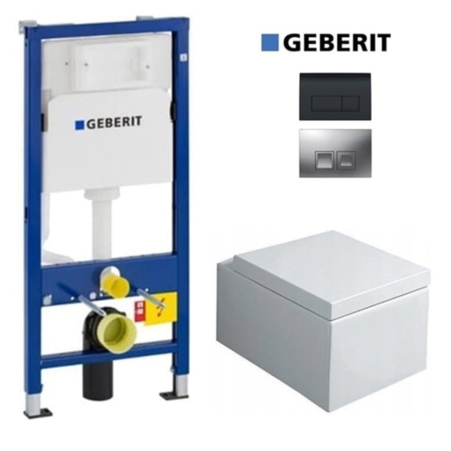 Set Vas WC GEBERIT, Montaj Suspendat, Ceramica Sanitara, Vas WC HUGO RIMLESS + Capac Soft-Close STANDARD Inclus + Cadru +Clapeta