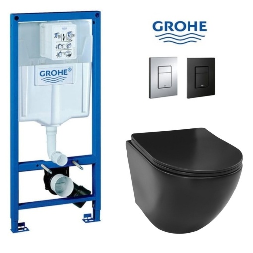Set Vas WC PRO GROHE, Montaj Suspendat, Ceramica Sanitara, Vas WC VITO BLACK LUCIOS RIMLESS + Capac Soft-Close SLIM Inclus + Cadru + Clapeta
