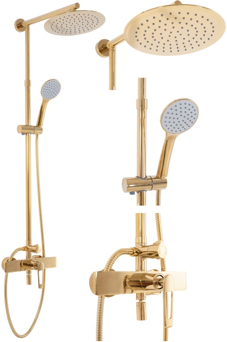 Sistem Complet De Dus REA ALDI GOLD, Montaj Pe Perete, Para Rotunda Tip Ploaie 25x25 Cm, 3 Functii De Curgere A Apei, Finisaj Auriu