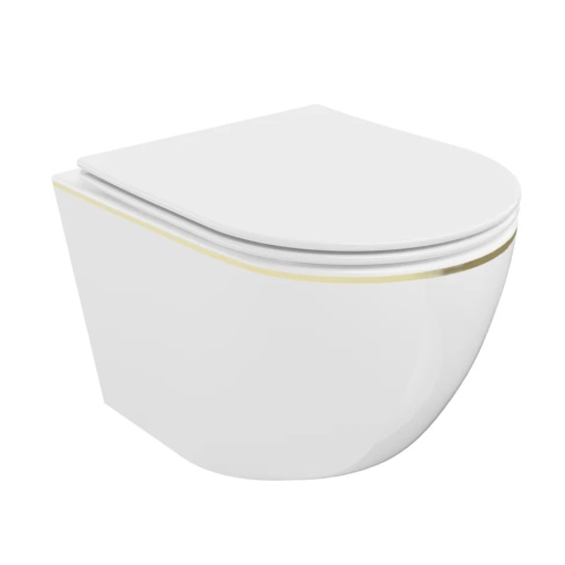 Vas WC RIMLESS VITO ALB/AURIU, Capac slim premium Soft-Close, Suspendat, Ceramica sanitara
