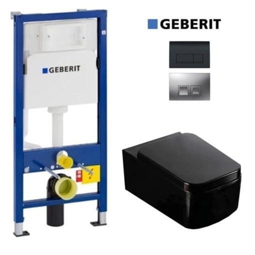 Set Vas WC PRO GEBERIT, Montaj Suspendat, Ceramica Sanitara, Vas WC CUBIC RIMLESS + Capac Soft-Close Inclus + Cadru + Clapeta