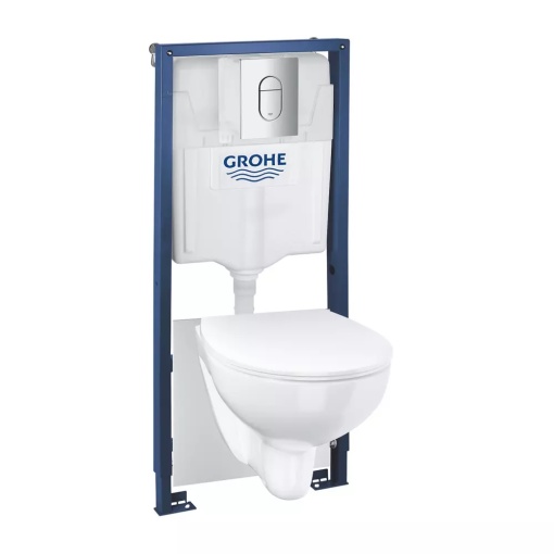 Set vas WC suspendat Grohe Solido 5 in 1 rezervor incastrat cu clapeta crom Arena si capac softclose