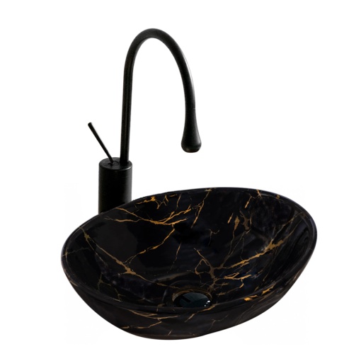 Lavoar De Blat PRO VERA marmura lucioasa negru/auriu, Dimensiuni 40.5 X 33 X 14 Cm, Forma Ovala, Ceramica Sanitara
