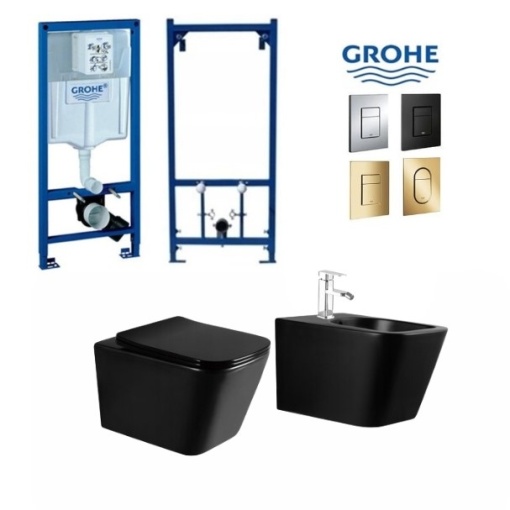 Set GROHE Bideu si Vas WC IMPERIA RIMLESS+Capac Soft-Close Inclus SLIM PREMIUM+Cadru+Clapeta, Ceramica sanitara, Negru mat
