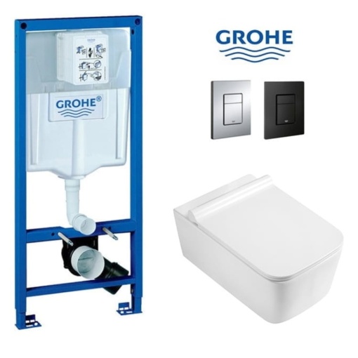 Set Vas WC PRO GROHE, Montaj Suspendat, Ceramica Sanitara, Vas WC CUBIC RIMLESS + Capac Soft-Close SLIM Inclus + Cadru + Clapeta