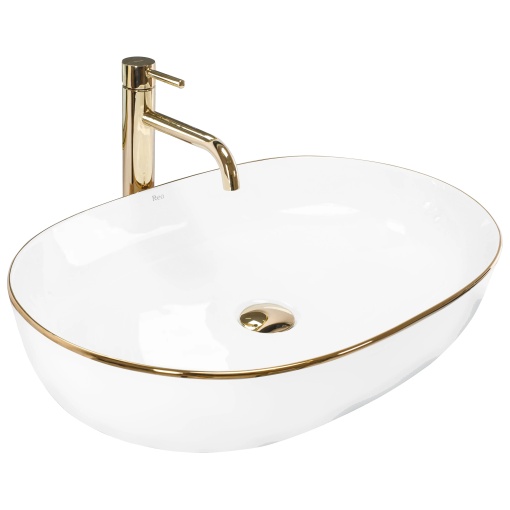 Lavoar De Blat REA CLEO ALB cu MARGINEA AURIE, Dimensiuni 60.5 X 41 X 14 Cm, Montaj Pe Blat, Forma Ovala, Ceramica Sanitara, Alb/Auriu