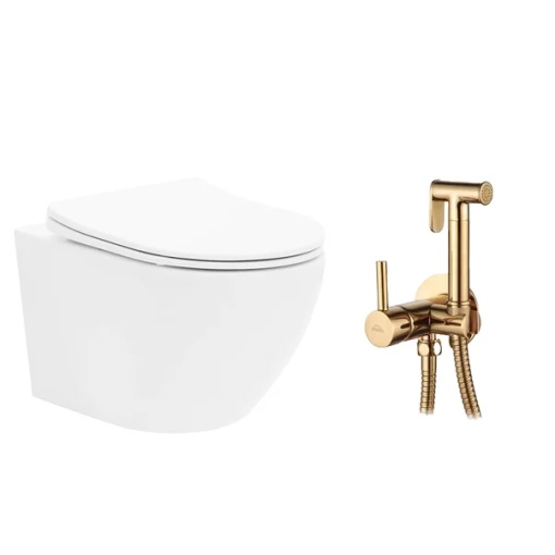 Pachet vas wc suspendat Rea Carlo Mini Basic, capac softclose si set dus igiena intima auriu cu baterie incastrata Invena Bidetta
