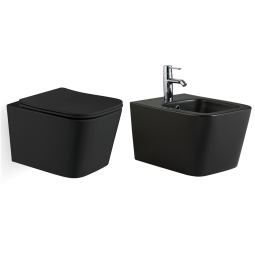Set Bideu si Vas WC PRO IMPERIA INES RIMLESS BLACK MATT, montaj suspendat, ceramica sanitara, Capac Soft-Close inclus