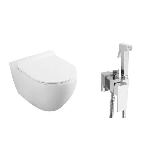 Pachet vas wc suspendat Fluminia, capac softclose si set dus igiena intima crom cu baterie incastrata Rea Fenix