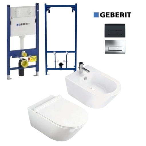 Set Bideu si Vas WC PRO GEBERIT, ceramica sanitara, Vas WC SONET RIMLESS + Bideu + Capac Soft-Close Inclus SLIM PREMIUM + Cadru + Clapeta