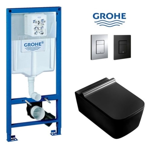 Set Vas WC PRO GROHE, Montaj Suspendat, Ceramica Sanitara, Vas WC CUBIC BLACK RIMLESS + Capac Soft-Close SLIM Inclus + Cadru + Clapeta