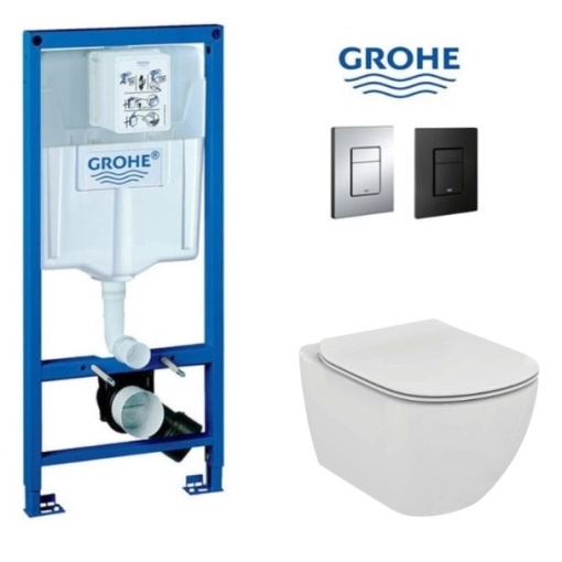Set Vas WC PRO GROHE, Montaj Suspendat, Ceramica Sanitara, Vas WC Idea Standard Tesi AquaBlade + Model Capac Soft-Close Inclus + Cadru + Clapeta