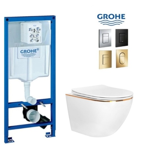 Set WC PRO GROHE, Vas WC CARLO Gold Edge Rimless + Capac Soft-Close STANDARD Inclus + Cadru + Clapeta la Alegere, Montaj Suspendat, Ceramica Sanitara