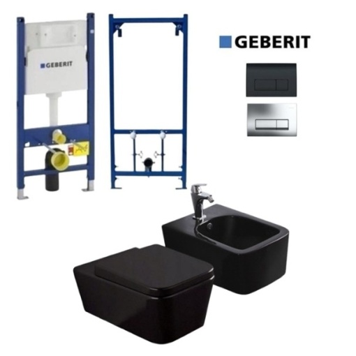 Set Bideu si Vas WC PRO GEBERIT, ceramica sanitara, Vas WC CUBIC BLACK RIMLESS +Bideu +Capac Soft-Close SLIM PREMIUM +Cadru +Clapeta