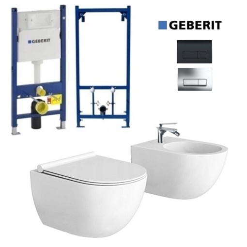 Set Bideu si Vas WC PRO GEBERIT, montaj suspendat, Vas WC VERONA Minerva RIMLESS + Bideu + Capac Soft-Close Inclus SLIM PREMIUM + Cadru + Clapeta