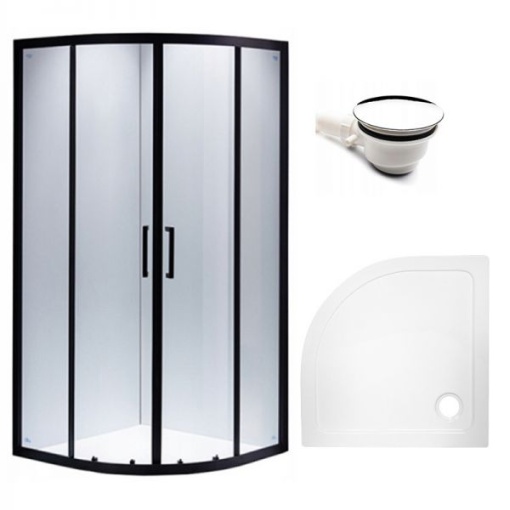 Cabină de duș semirotundă BS001B, dimensiune 90x90 cm, culoare neagră + cădiță de duș albă