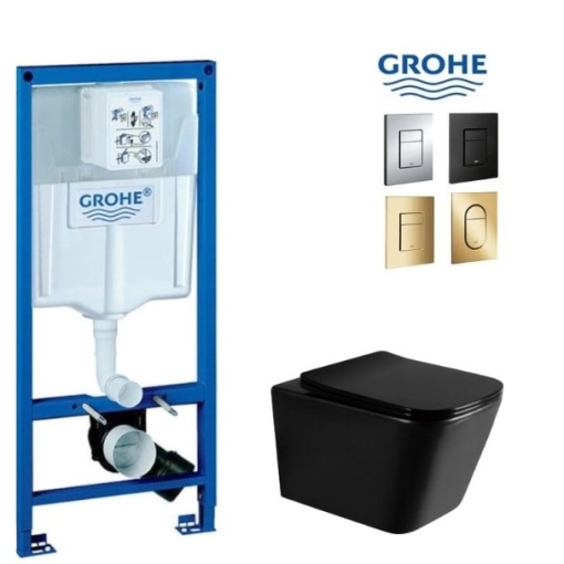 Set GROHE Vas WC IMPERIA RIMLESS+Capac Soft-Close Inclus SLIM PREMIUM+Cadru+Clapeta, Ceramica sanitara, Negru mat