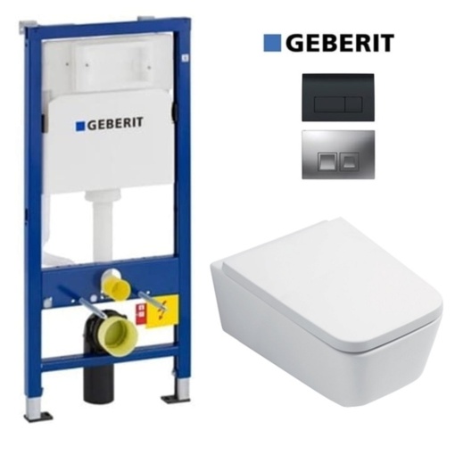 Set Vas WC PRO GEBERIT, Montaj Suspendat, Ceramica Sanitara, Vas WC CUBIC RIMLESS + Capac Soft-Close STANDARD Inclus + Cadru + Clapeta