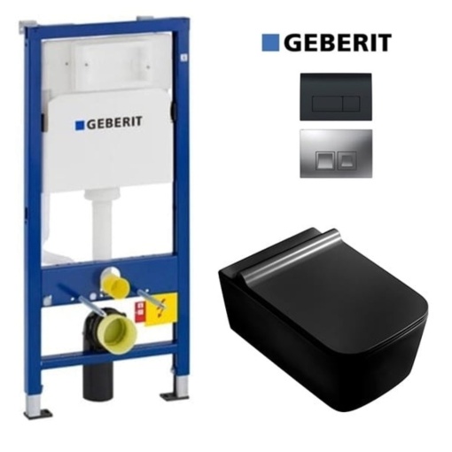 Set Vas WC PRO GEBERIT, Montaj Suspendat, Ceramica Sanitara, Vas WC CUBIC BLACK RIMLESS + Capac Soft-Close SLIM Inclus+Cadru+Clapeta