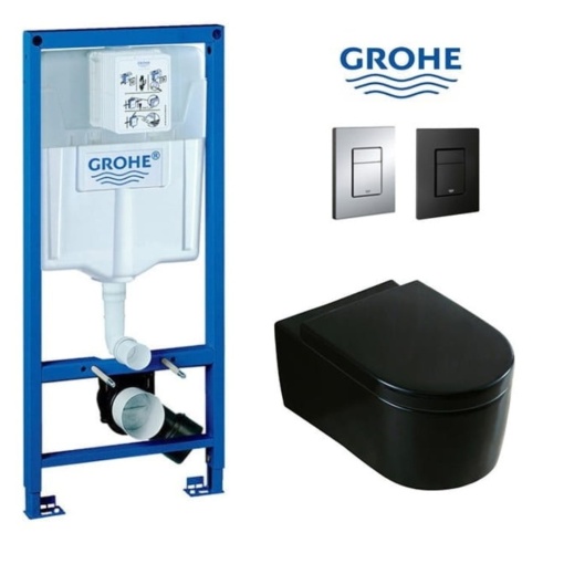 Set Vas WC PRO GROHE, Montaj Suspendat, Ceramica Sanitara, Vas WC LORENT BLACK RIMLESS + Capac Soft-Close STANDARD Inclus + Cadru + Clapeta