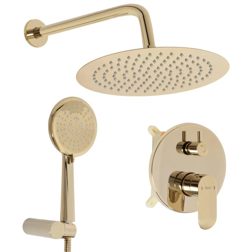 Sistem Complet De Dus REA HYPER GOLD + BOX, Montaj In Perete, Para Rotunda Tip Ploaie 25x25 Cm, 2 Functii De Curgere A Apei, Auriu