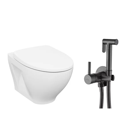 Pachet vas wc suspendat Cersanit Moduo, capac softclose si set dus igiena intima negru cu baterie incastrata Invena Bidetta
