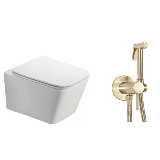 Pachet vas wc suspendat Fluminia Paris, capac softclose si set dus igiena intima auriu cu baterie incastrata Rea Loop