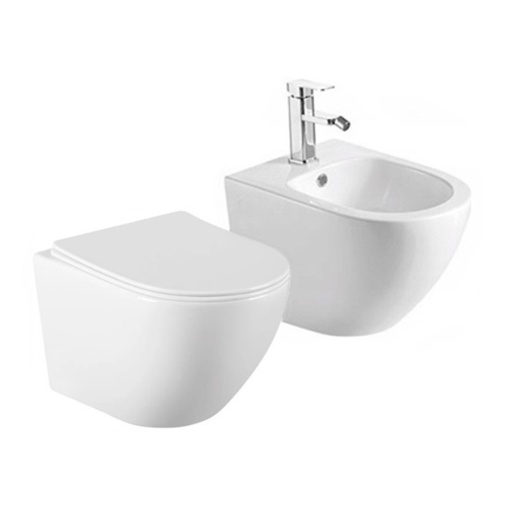 SET Vas WC+BIDEU VILA WHITE, Sistem inovator de spalare Rimless Tornado, Suspendat, Ceramica sanitara, Capac Slim Premium Soft-Close Inclus,